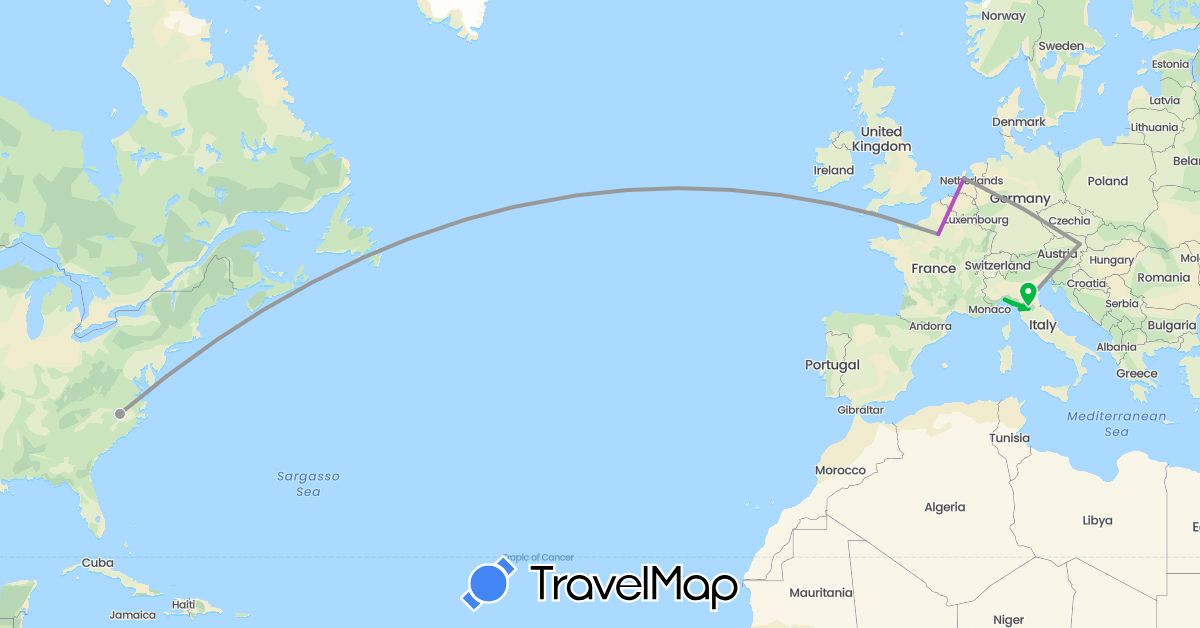 TravelMap itinerary: driving, bus, plane, train in Austria, France, Italy, Netherlands, United States (Europe, North America)